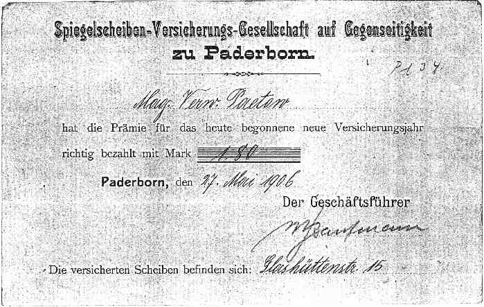 Ältestes Schriftstück der Spiegelscheibenversicherung Paderborn